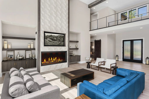 Napoleon Tall Vector 74 gas fireplace with Luminous Logs, in a living room with driftwood logs