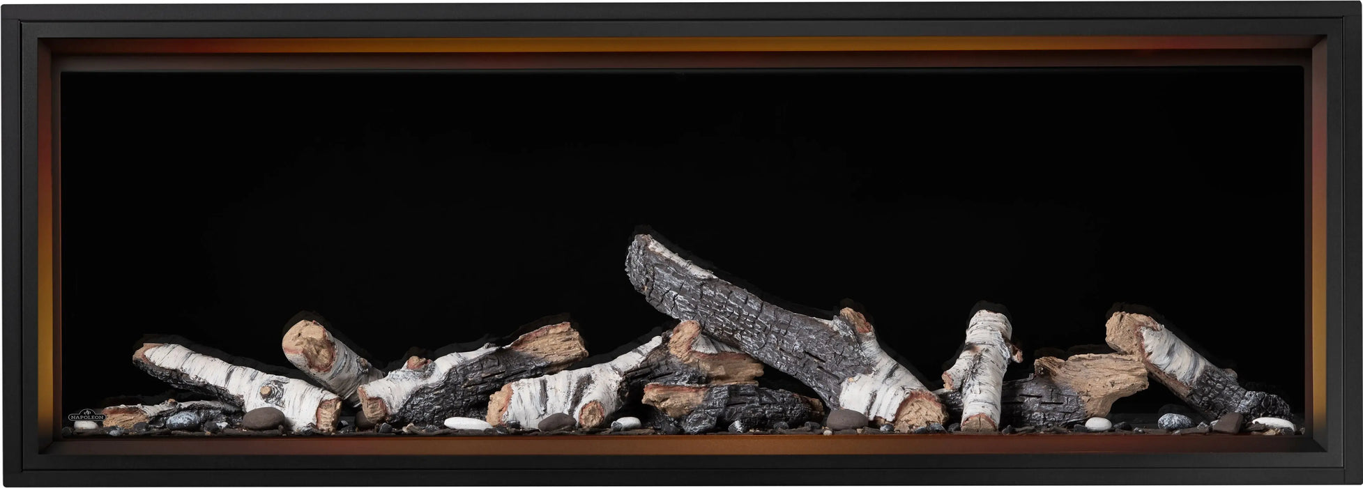 Napoleon Tall Vector 74 gas fireplace with Luminous Logs, front view with birch logs
