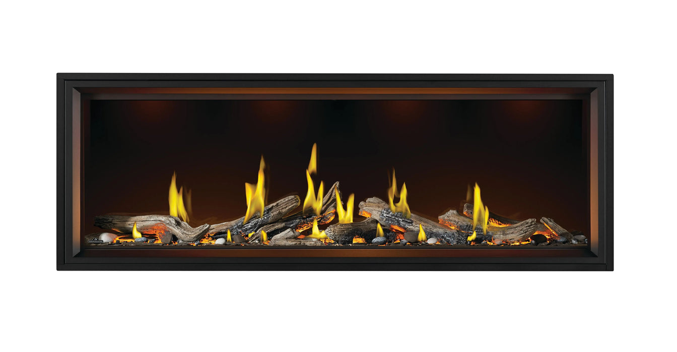 Napoleon Tall Vector 74 gas fireplace with Luminous Logs, front view with driftwood logs