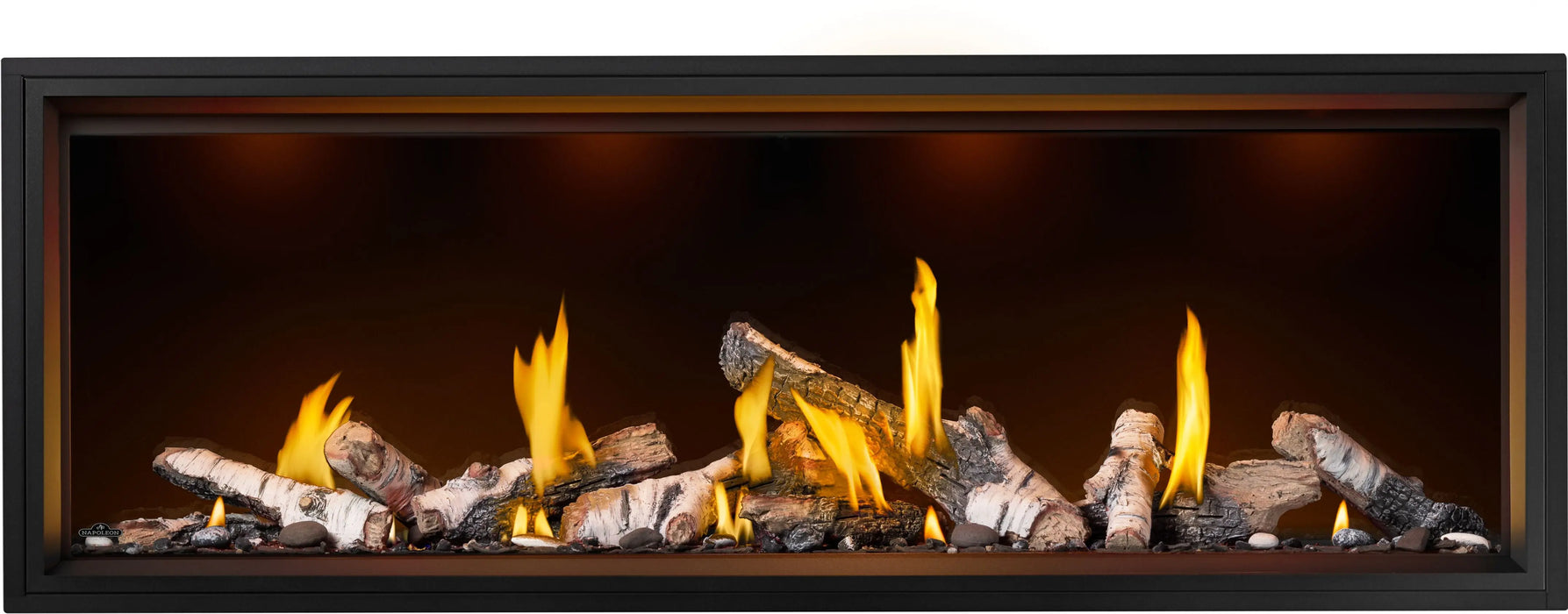 Napoleon Tall Vector 74 gas fireplace with Luminous Logs, front view with birch logs, top lights on