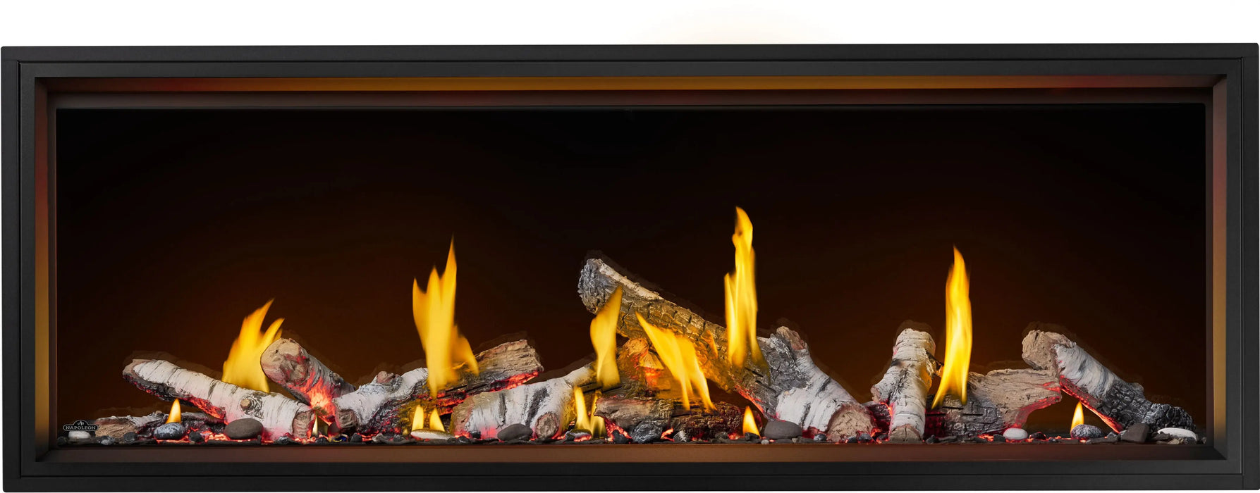 Napoleon Tall Vector 74 gas fireplace with Luminous Logs, front view with birch logs, glowing ember bed