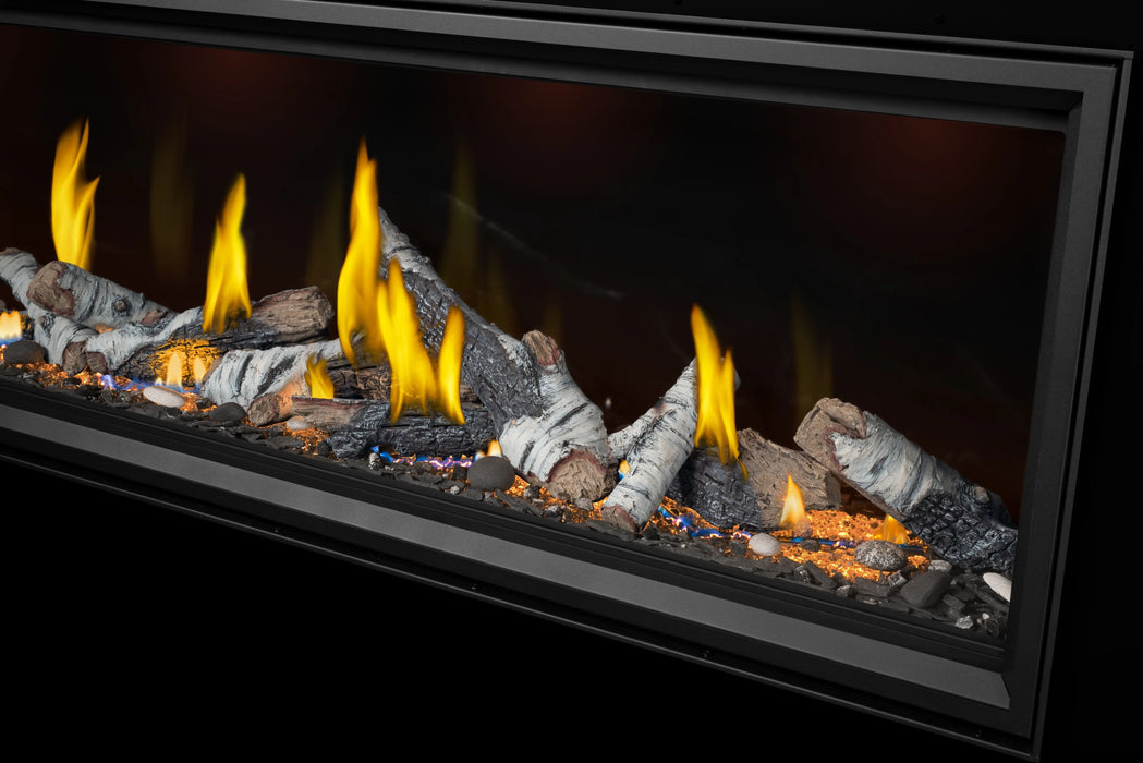 Napoleon Tall Vector 74 gas fireplace with Luminous Logs, detail view with birch logs, lights and flames on