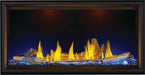 Napoleon Tall Vector 50 gas fireplace, front view with driftwood logs, blue ember lighting