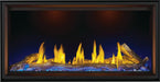Napoleon Tall Vector 50 gas fireplace, front view with oak logs, blue ember lighting