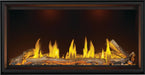 Napoleon Tall Vector 50 gas fireplace, front view with oak logs, orange ember lighting
