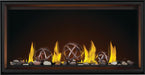 Napoleon Tall Vector 50 gas fireplace, front view with mineral rocks, wrought iron globes