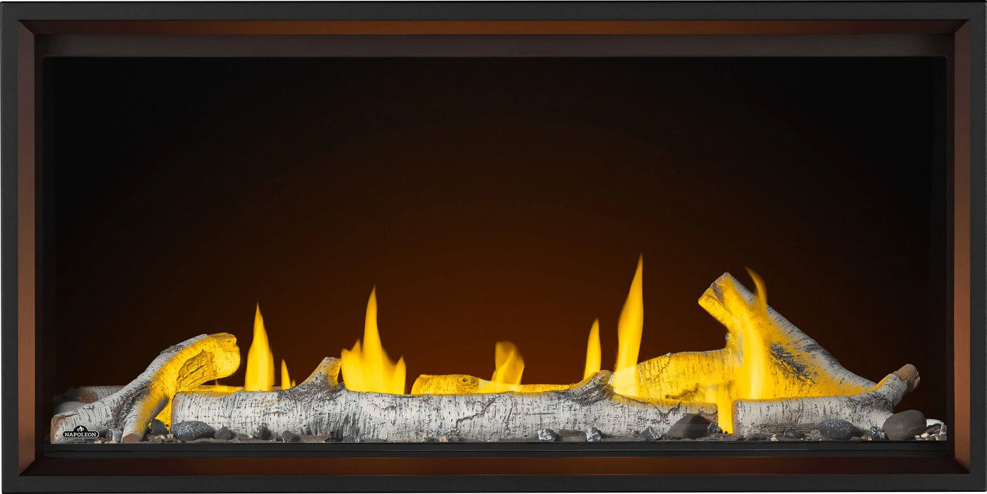 Napoleon Tall Vector 50 gas fireplace, front view with birch logs, flames on
