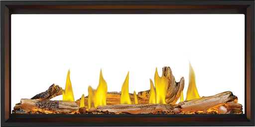 Napoleon Tall Vector 50 see-through gas fireplace, front view with driftwood logs