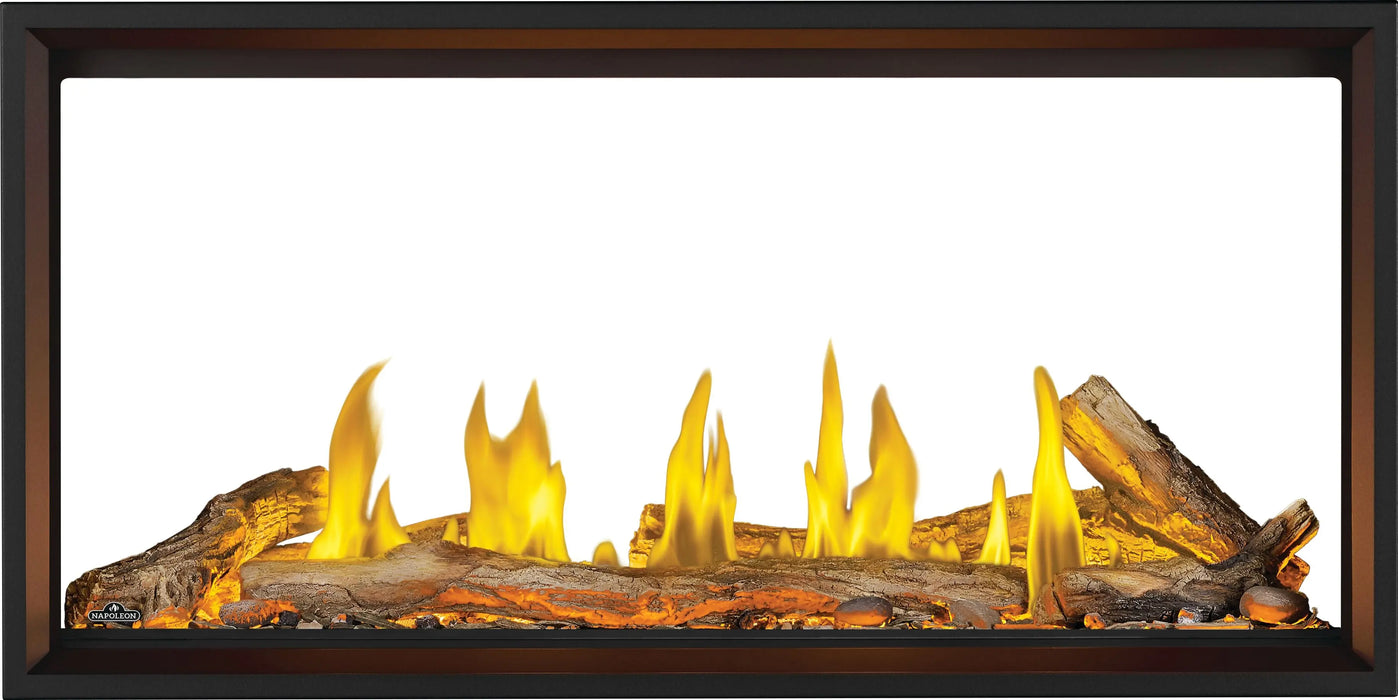 Napoleon Tall Vector 50 see-through gas fireplace, front view with oak logs