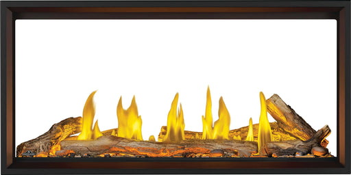 Napoleon Tall Vector 50 see-through gas fireplace, front view with oak logs