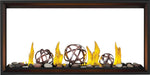 Napoleon Tall Vector 50 see-through gas fireplace, front view with mineral rocks, wrought iron globes