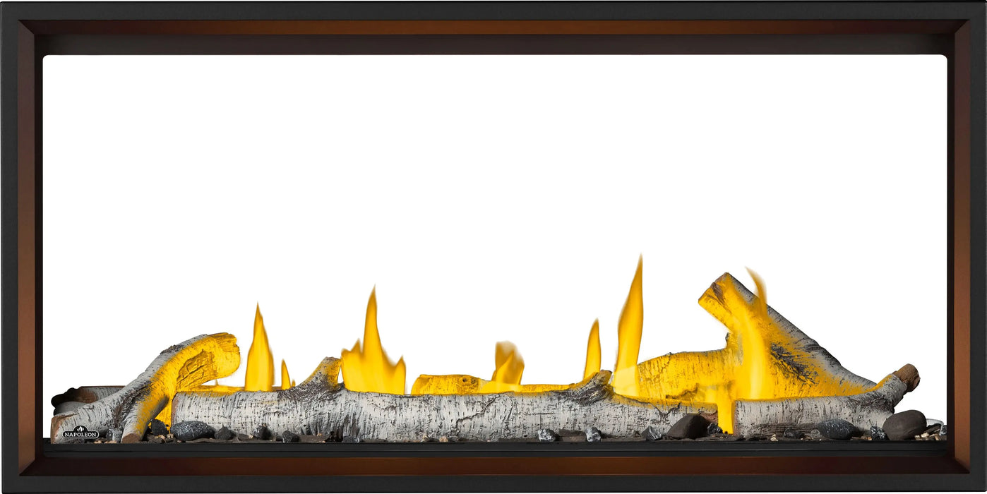 Napoleon Tall Vector 50 see-through gas fireplace, front view with birch logs