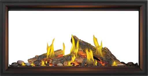 Napoleon Tall Vector 50 see-through gas fireplace with Luminous Logs, front view with oak logs