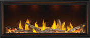 Napoleon Tall Vector 62 gas fireplace, installed in a wall with driftwood logs, mineral rocks