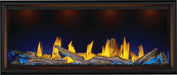 Napoleon Tall Vector 62 gas fireplace, front view with driftwood logs, blue ember lighting