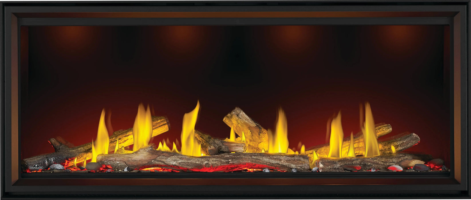 Napoleon Tall Vector 62 gas fireplace, front view with oak logs, red ember lighting