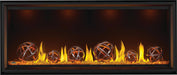 Napoleon Tall Vector 62 gas fireplace, front view with wrought iron globes, clear glass embers, orange lighting