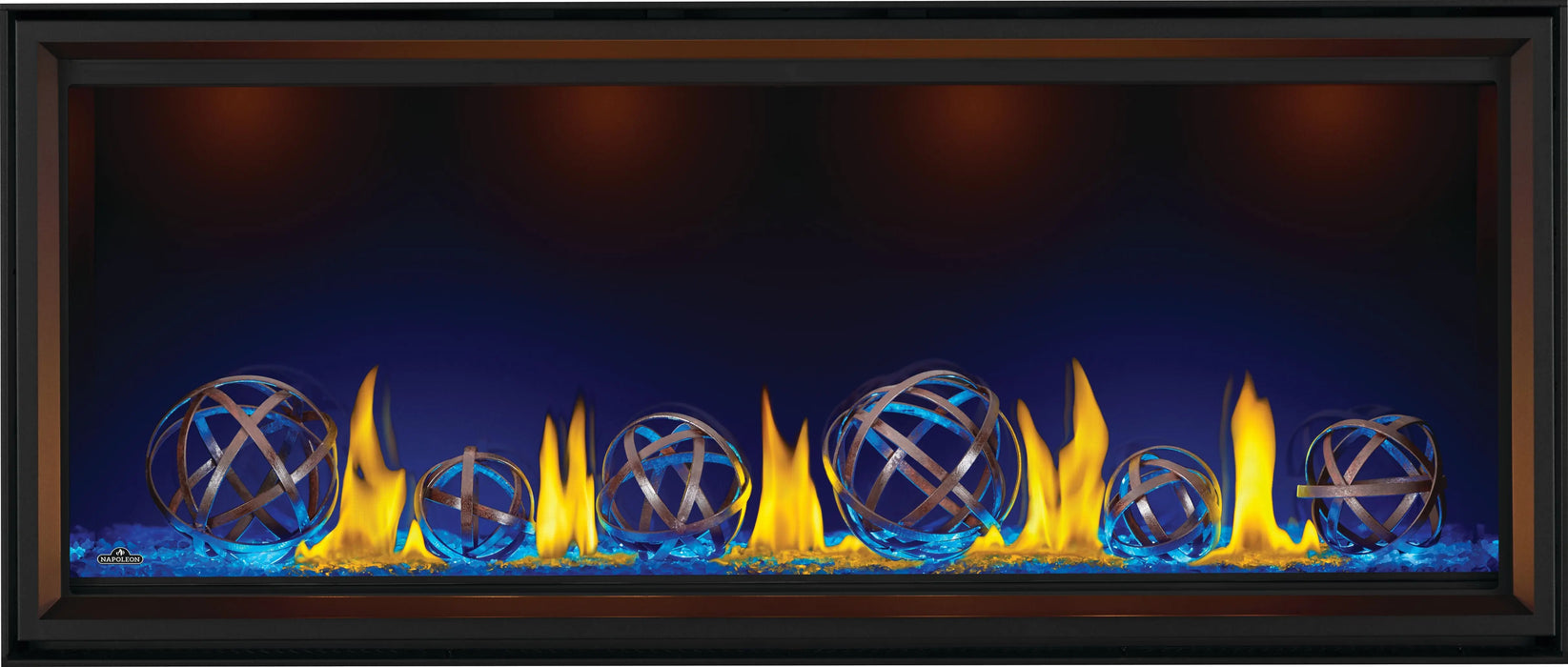 Napoleon Tall Vector 62 gas fireplace, front view with wrought iron globes, clear glass embers, blue lighting
