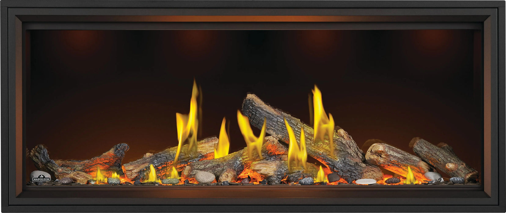 Napoleon Tall Vector 62 gas fireplace with Luminous Logs, front view with oak logs