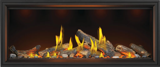 Napoleon Tall Vector 62 gas fireplace with Luminous Logs, front view with oak logs