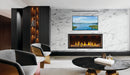 Napoleon Tall Vector 62 gas fireplace with Luminous Logs, in a living room with driftwood logs, mineral rocks