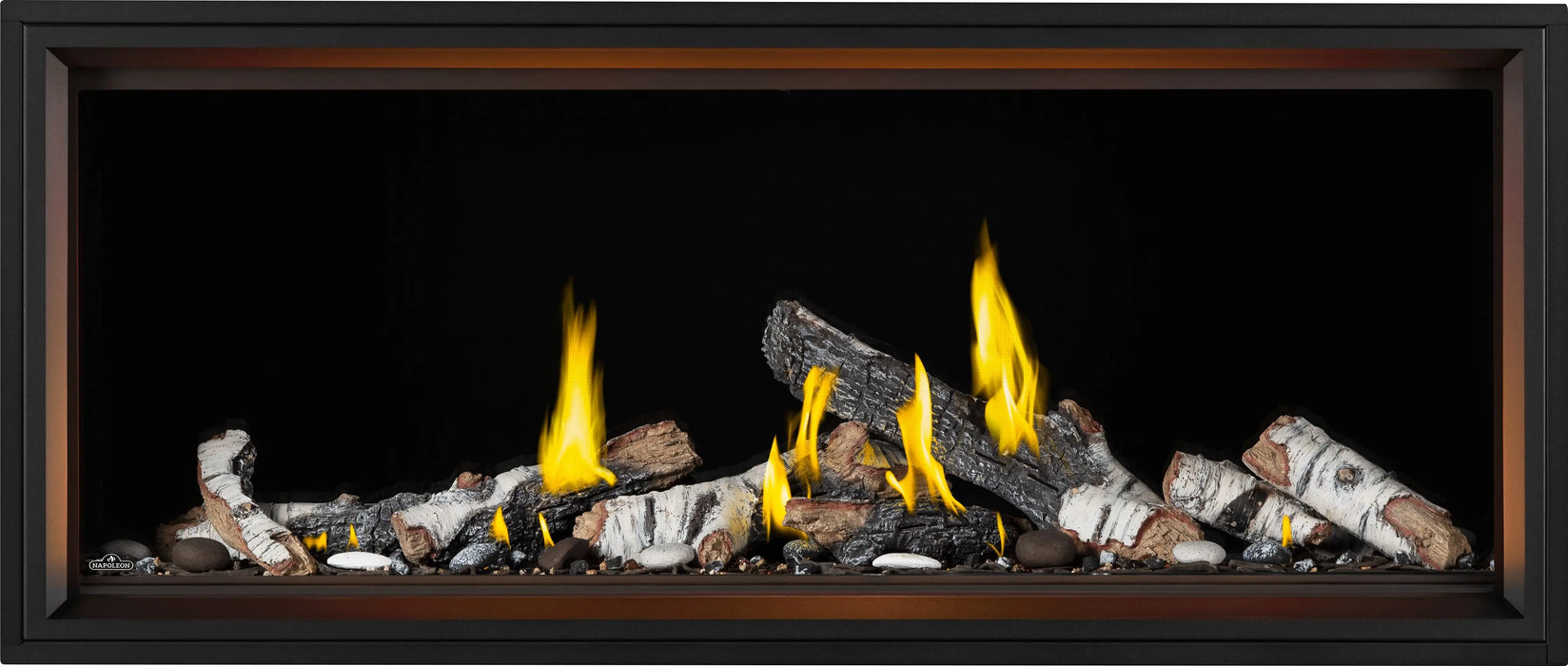 Napoleon Tall Vector 62 gas fireplace with Luminous Logs, front view with birch logs