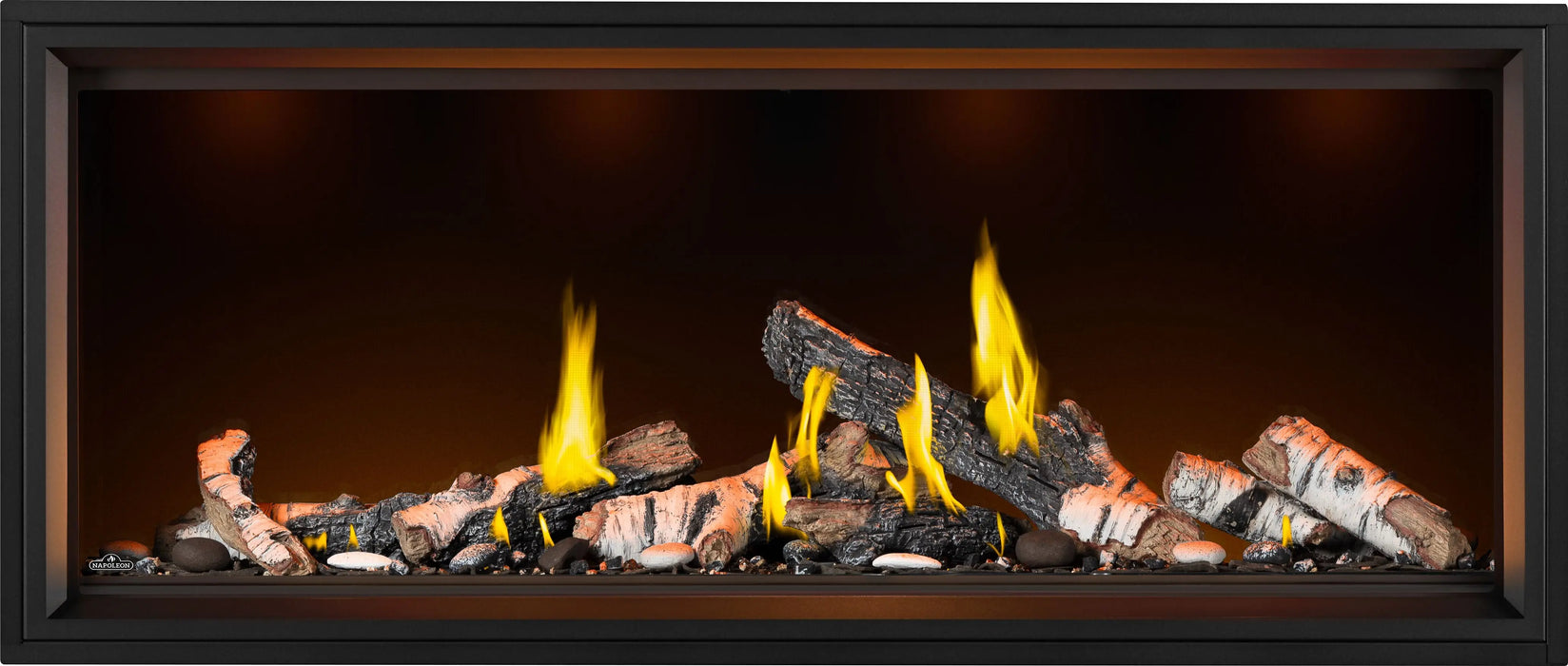 Napoleon Tall Vector 62 gas fireplace with Luminous Logs, front view with birch logs, top lights on