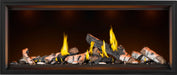 Napoleon Tall Vector 62 gas fireplace with Luminous Logs, front view with birch logs, top lights on