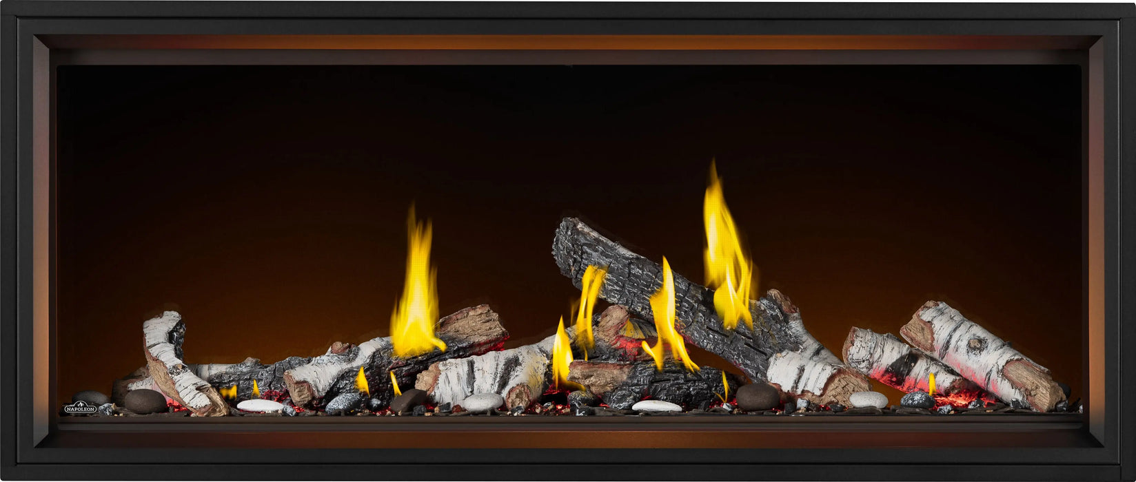 Napoleon Tall Vector 62 gas fireplace with Luminous Logs, front view with birch logs, glowing ember bed