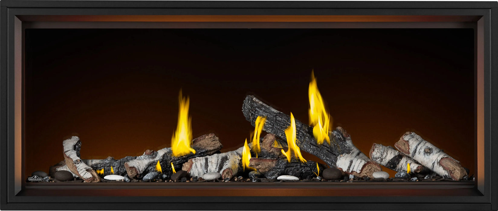 Napoleon Tall Vector 62 gas fireplace with Luminous Logs, front view with birch logs, high flames