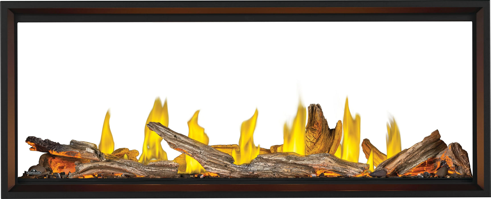 Napoleon Tall Vector 62 see-through gas fireplace, front view with driftwood logs
