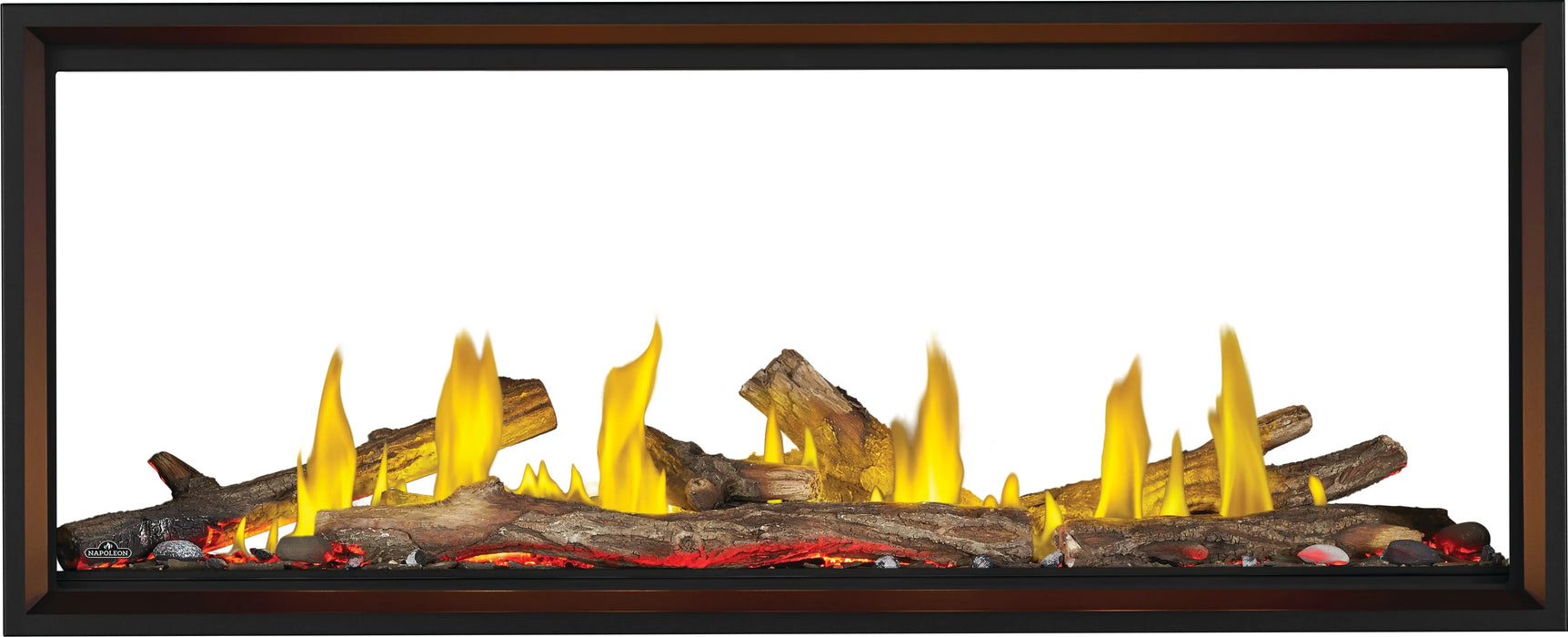 Napoleon Tall Vector 62 see-through gas fireplace, front view with oak logs