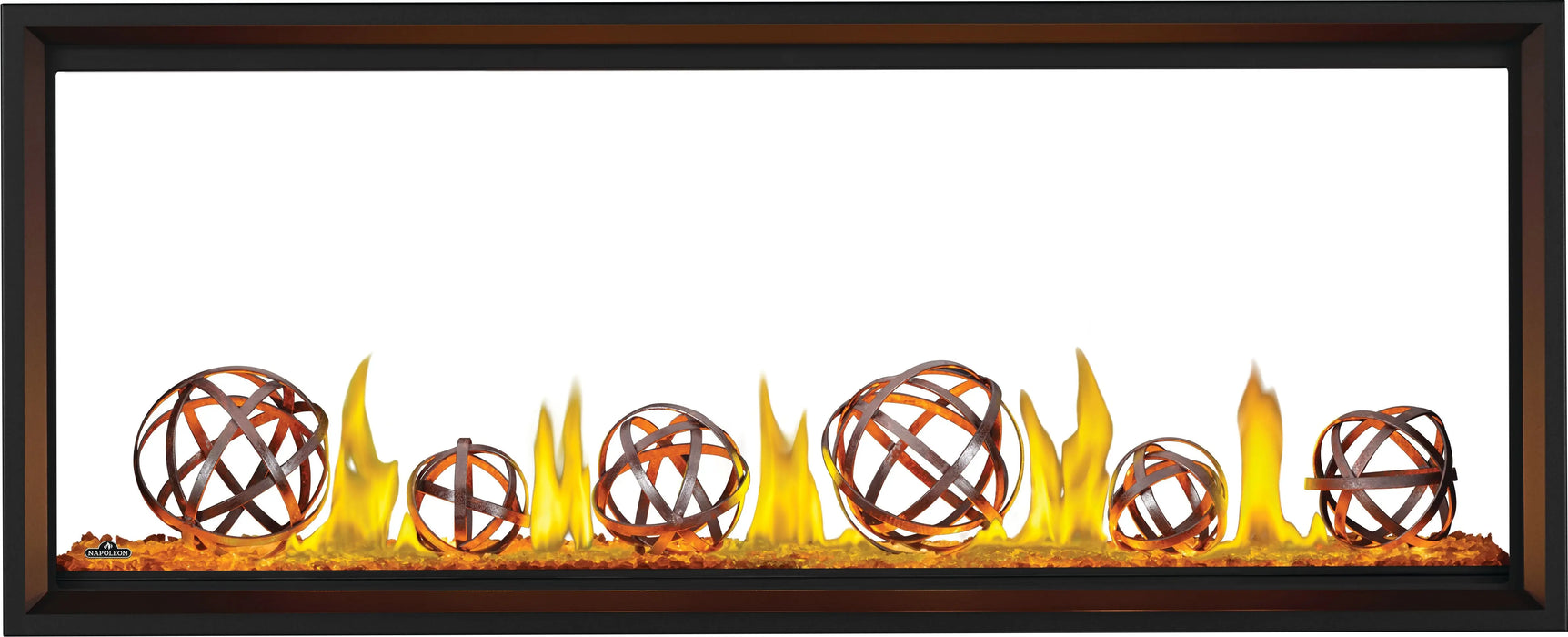 Napoleon Tall Vector 62 see-through gas fireplace, front view with wrought iron globes, clear glass embers