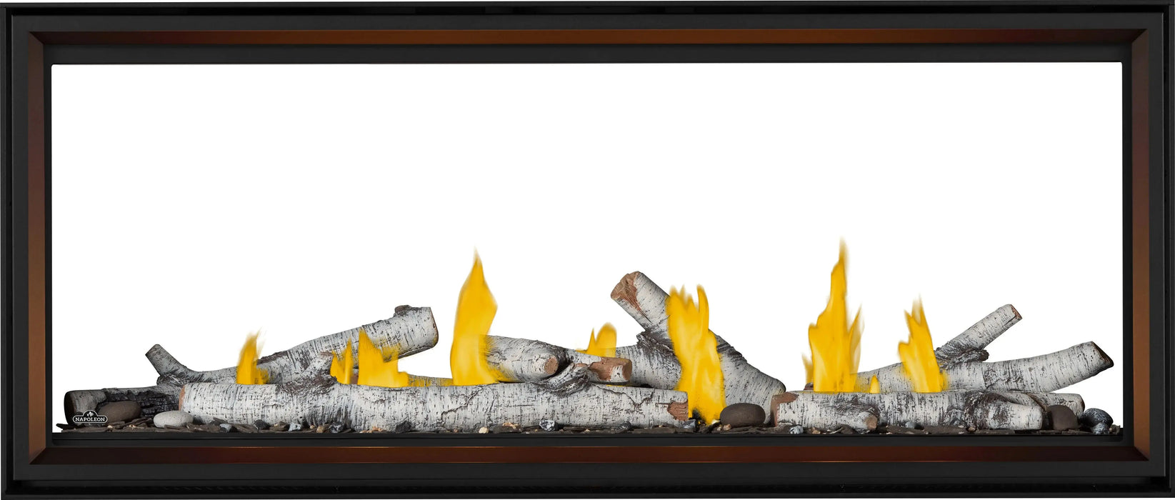 Napoleon Tall Vector 62 see-through gas fireplace, front view with birch logs
