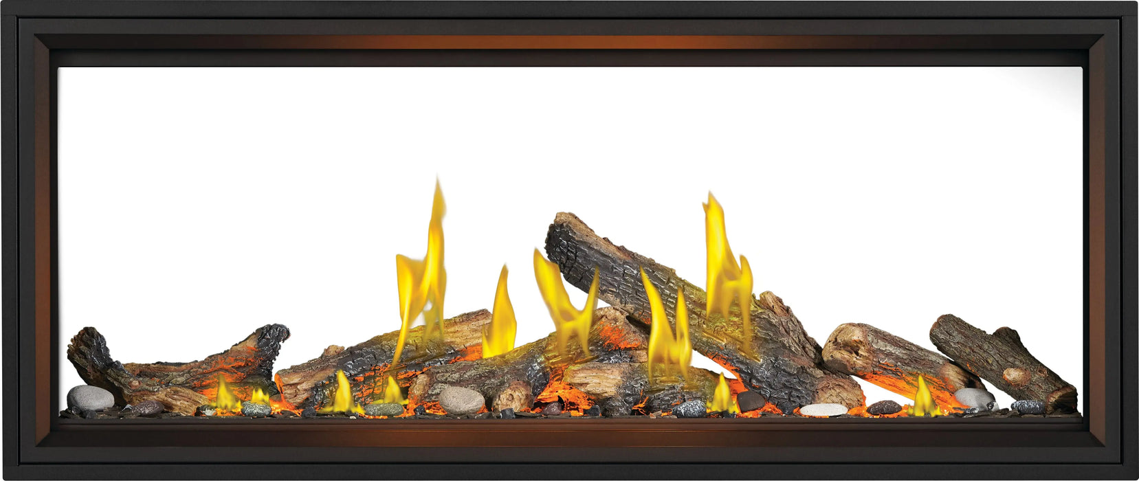 Napoleon Tall Vector 62 see-through gas fireplace with Luminous Logs, front view with oak logs