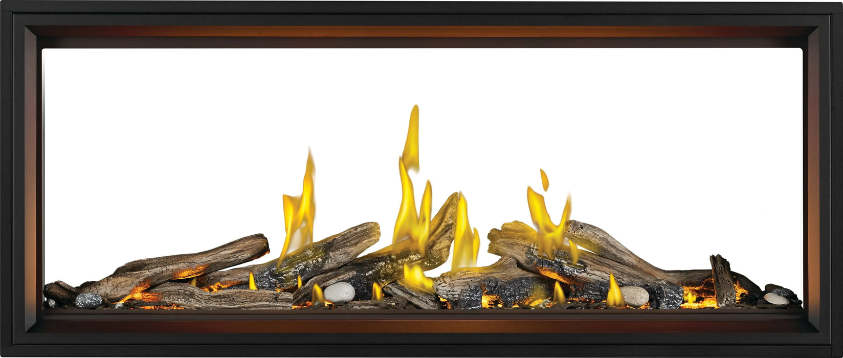Napoleon Tall Vector 62 see-through gas fireplace with Luminous Logs, front view with driftwood logs