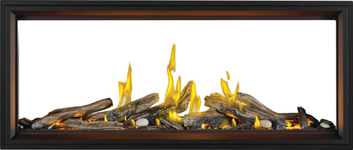 Napoleon Tall Vector 62 see-through gas fireplace with Luminous Logs, front view with driftwood logs