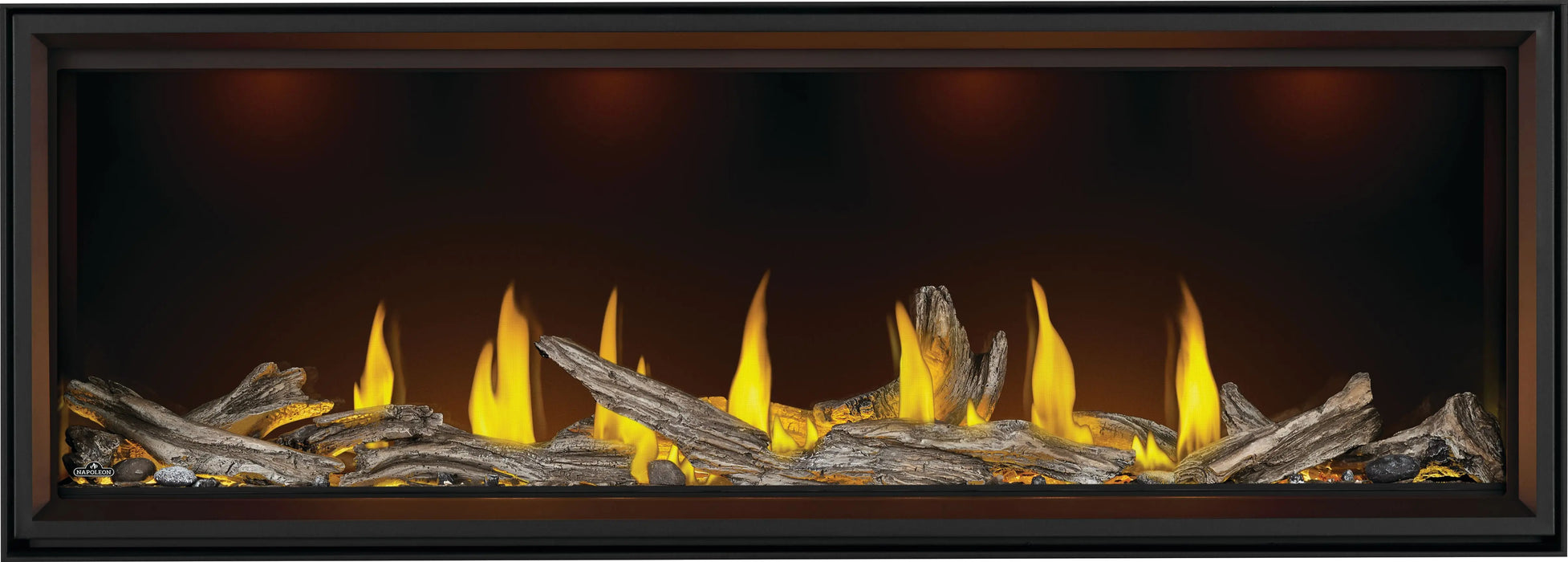 Napoleon Tall Vector 74 gas fireplace, front view with driftwood logs