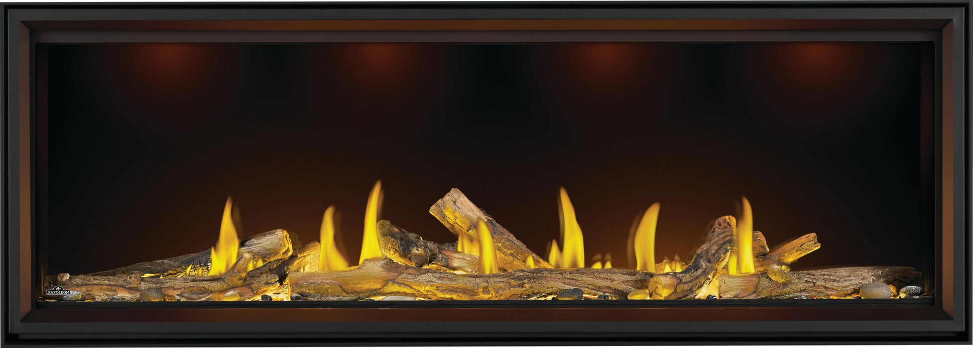 Napoleon Tall Vector 74 gas fireplace, front view with oak logs