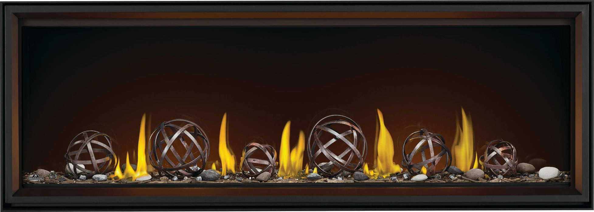 Napoleon Tall Vector 74 gas fireplace, front view with wrought iron globes