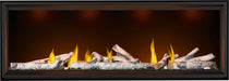 Napoleon Tall Vector 74 gas fireplace, front view with birch logs, top lights on