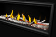 Napoleon Tall Vector 74 gas fireplace, angled view with birch logs, glowing ember bed