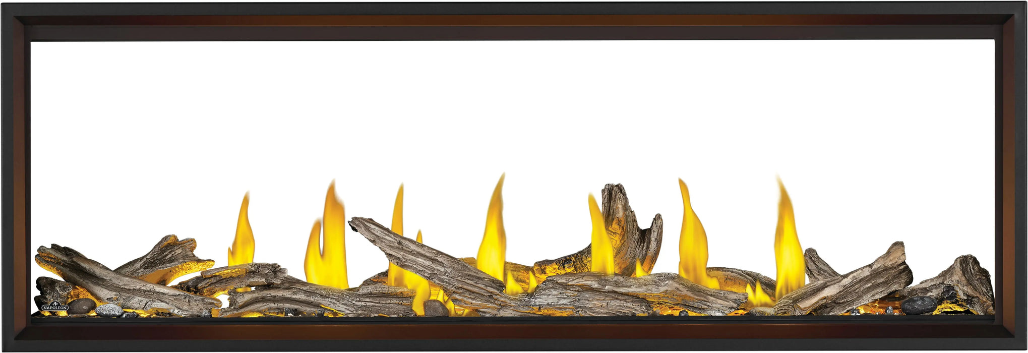 Napoleon Tall Vector 74 see-through gas fireplace, front view with driftwood logs