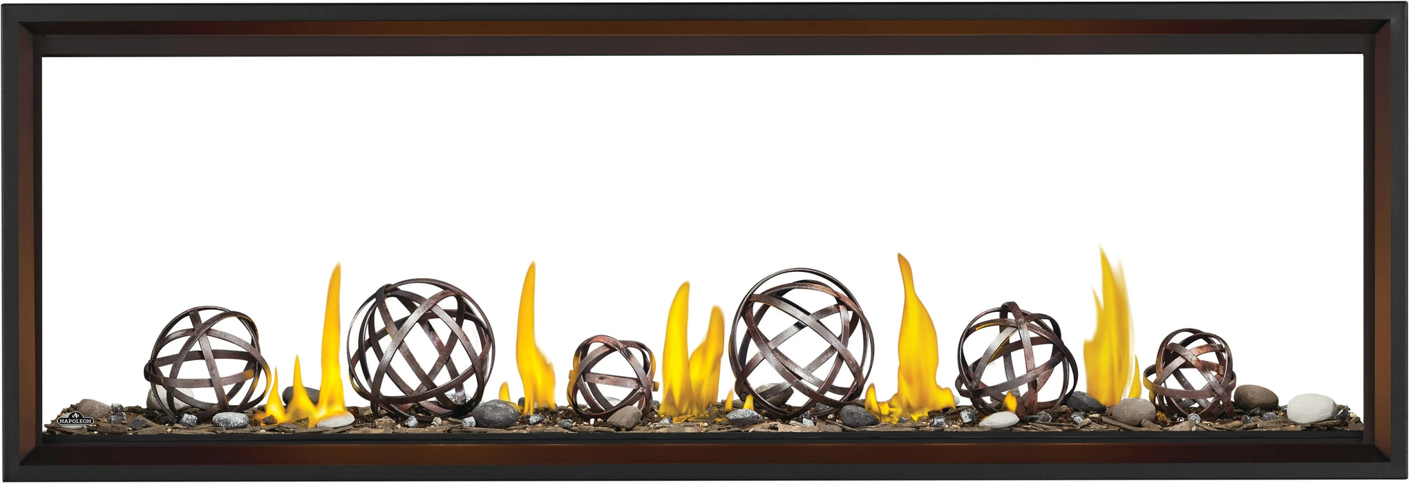 Napoleon Tall Vector 74 see-through gas fireplace, front view with wrought iron globes