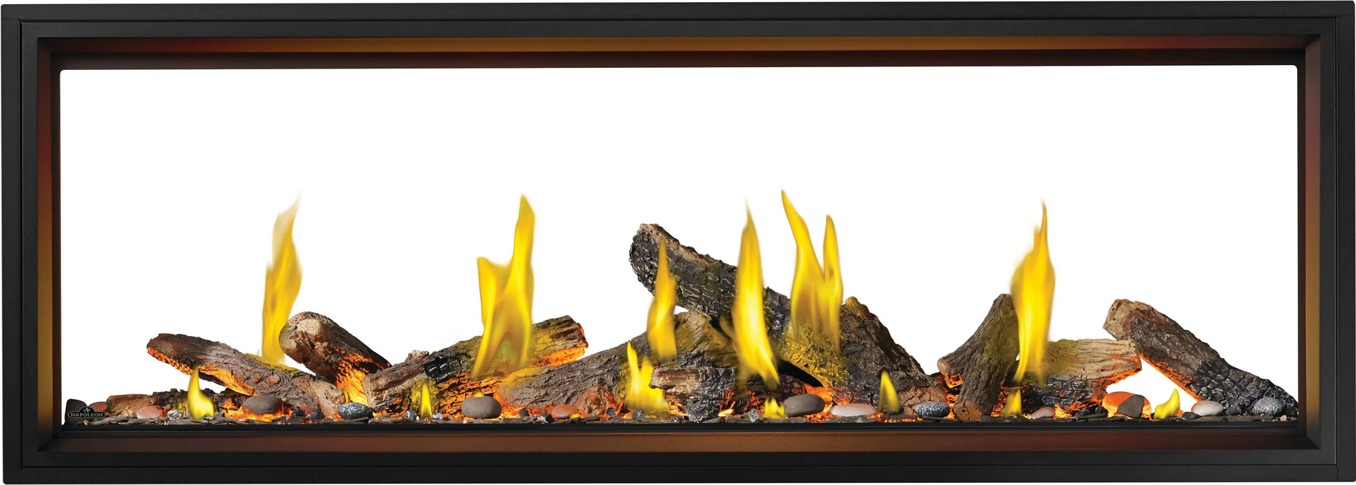 Napoleon Tall Vector 74 see-through gas fireplace with Luminous Logs, front view with oak logs