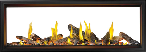 Napoleon Tall Vector 74 see-through gas fireplace with Luminous Logs, front view with oak logs