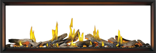 Napoleon Tall Vector 74 see-through gas fireplace with Luminous Logs, front view with driftwood logs