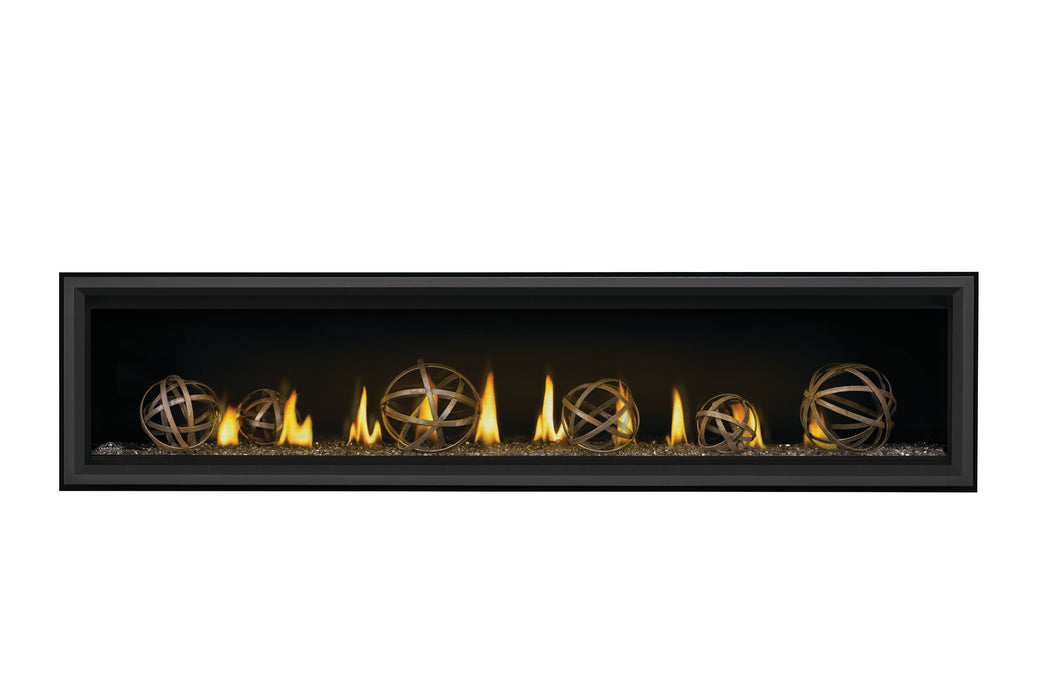Napoleon Vector 74" Direct Vent Gas Fireplace - front view with wrought iron globes