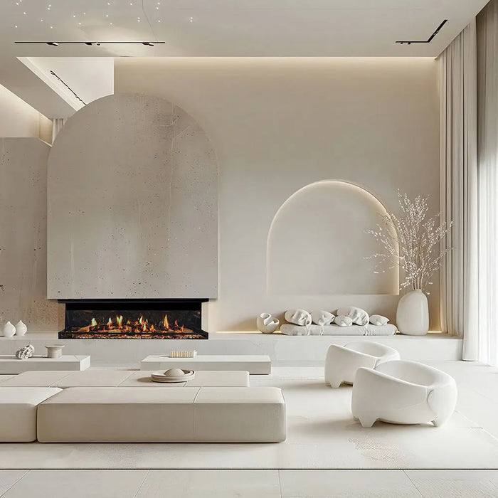 Ortal Holographic 60 frameless electric fireplace built into a living room wall