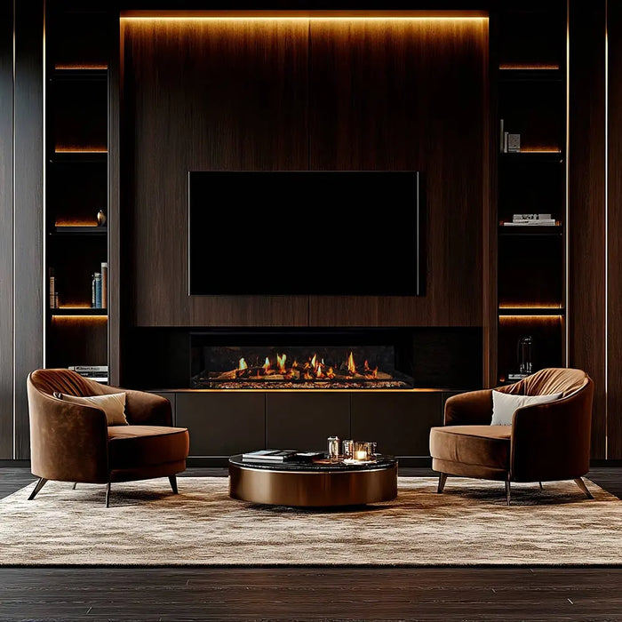 Ortal Holographic 60 frameless electric fireplace built into a living room wall